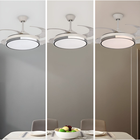 Retractable LED ceiling fan with remote, sleek design, 36W light, 3 speeds, reversible motor, ideal for modern low-ceiling indoor spaces.