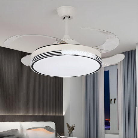 Retractable LED ceiling fan with remote, sleek design, 36W light, 3 speeds, reversible motor, ideal for modern low-ceiling indoor spaces.