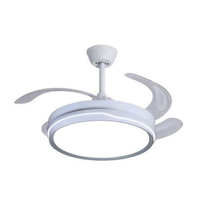 Retractable LED ceiling fan with remote control, quiet motor, energy-efficient lighting and sleek white-grey finish, ideal for stylish indoor spaces.