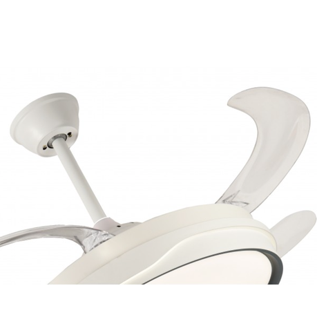 Ceiling fan with white blades on a white background