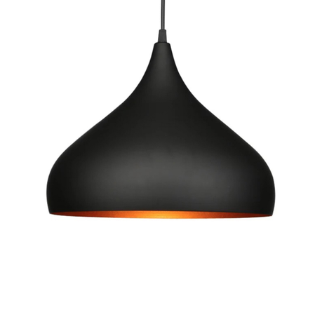 Black pendant light with orange interior on a white background