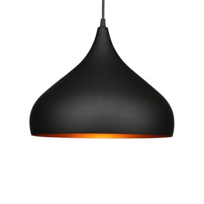 Black pendant light with orange interior on a white background