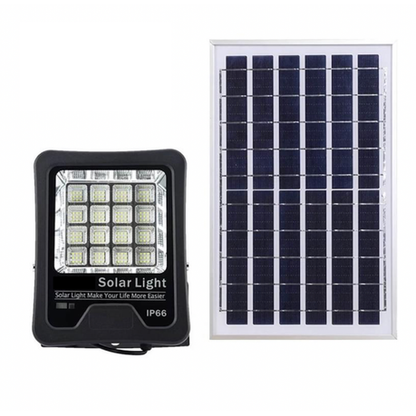 200W solar LED floodlight with day/night sensor, remote control, and weatherproof design—ideal for outdoor security and off-grid lighting.