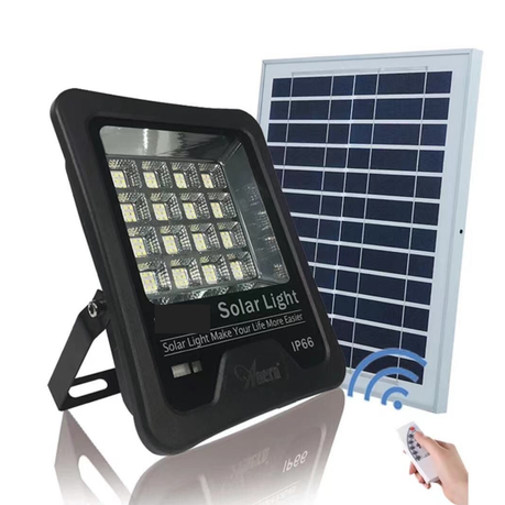 Solar light fixture with solar panel and remote control on a white background