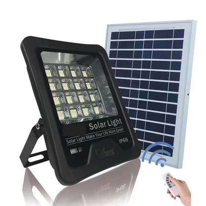 Solar light fixture with solar panel and remote control on a white background