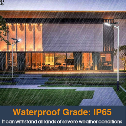 Modern building exterior with rain simulation, emphasizing waterproof grade IP65.