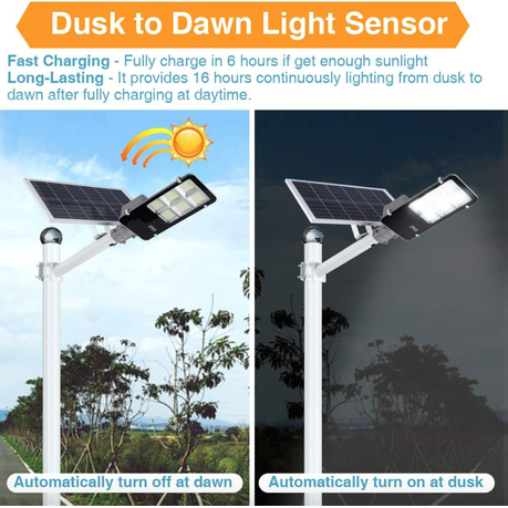Solar street light with dusk to dawn light sensor features and images of light on and off.