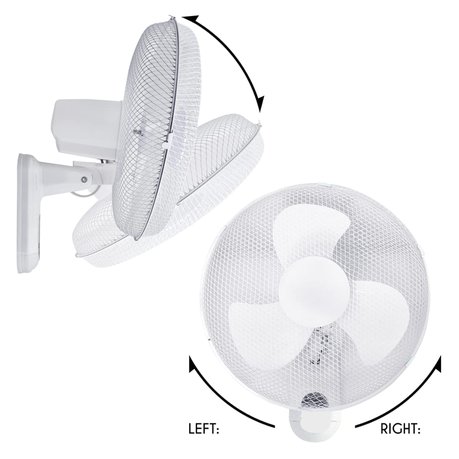 White wall-mounted fan with adjustable head on a white background
