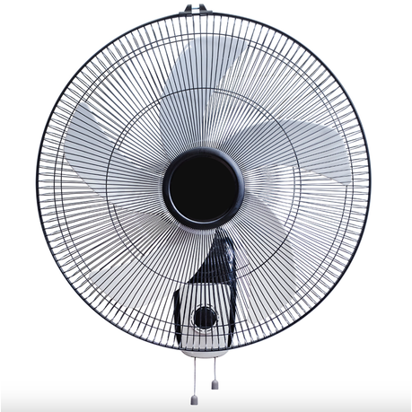 Efficient five-blade wall-mounted fan in black & white for stylish, quiet indoor cooling in homes, offices, shops, and small commercial spaces.