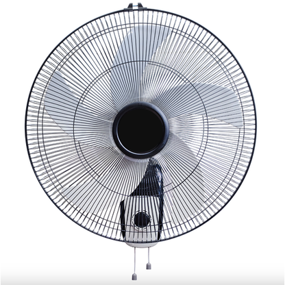 Efficient five-blade wall-mounted fan in black & white for stylish, quiet indoor cooling in homes, offices, shops, and small commercial spaces.
