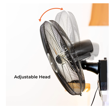 Wall-mounted fan with adjustable head feature on a white background