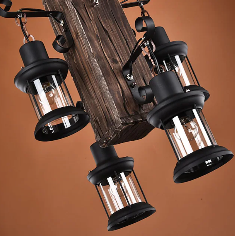 Vintage Wood & Metal Pendant With Four Light Fittings