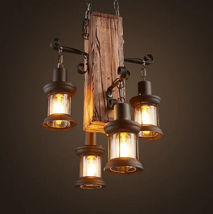 Vintage Wood & Metal Pendant With Four Light Fittings