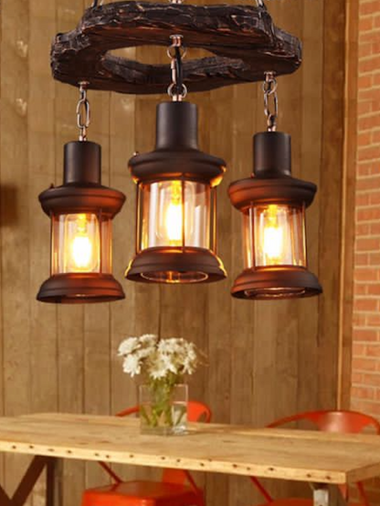 Round Rustic Wood & Iron 3 Lamp Pendant Chandelier