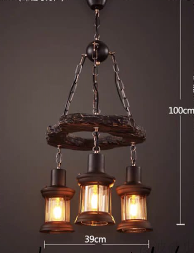 Round Rustic Wood & Iron 3 Lamp Pendant Chandelier