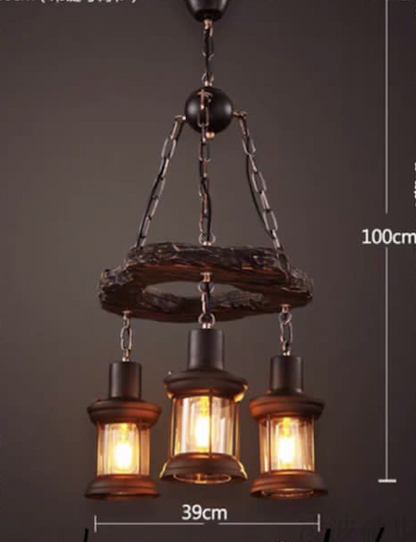 Round Rustic Wood & Iron 3 Lamp Pendant Chandelier