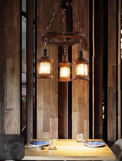 Round Rustic Wood & Iron 3 Lamp Pendant Chandelier