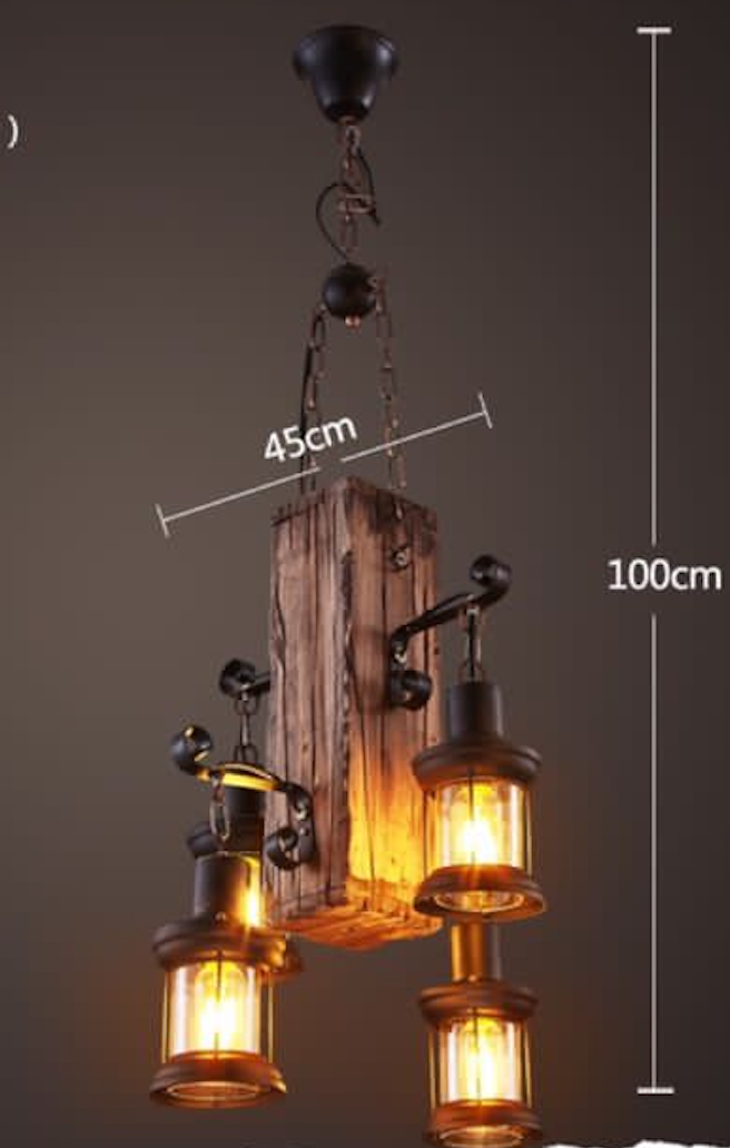 Vintage Wood & Metal Pendant With Four Light Fittings