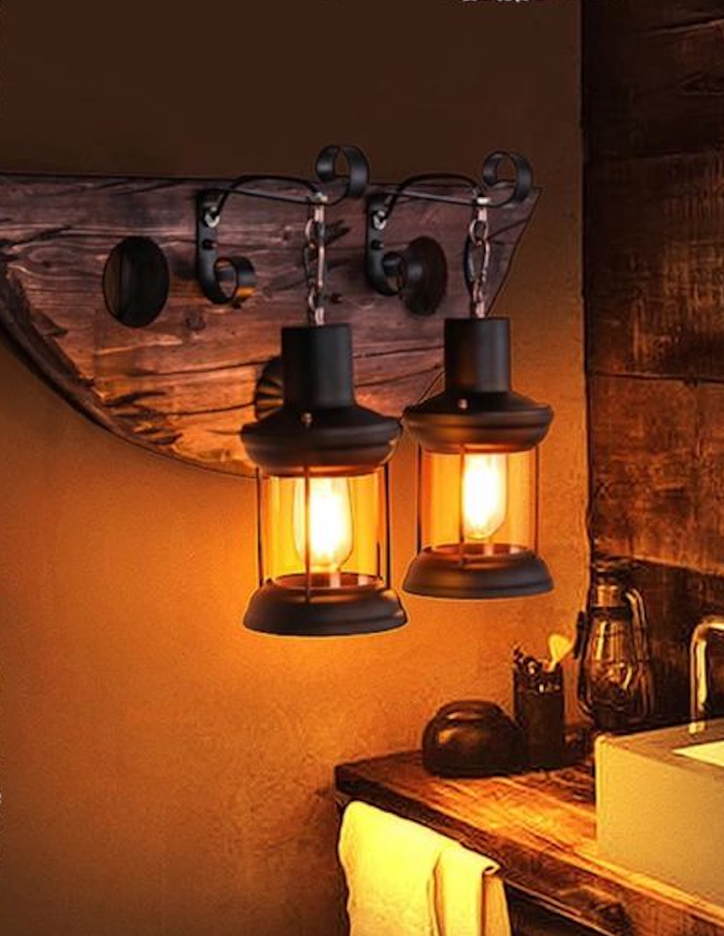 Indoor Vintage Wood 2 Light Wall Light Fixture