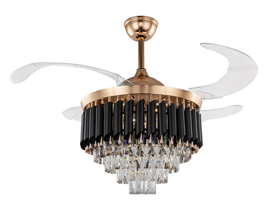 Retractable Blade Modern Crystal LED Ceiling Fan Black & Gold