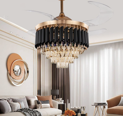Retractable Blade Modern Crystal LED Ceiling Fan Black & Gold