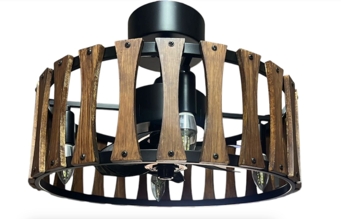 Industrial Wood and Metal Black Caged Ceiling Fan with Remote