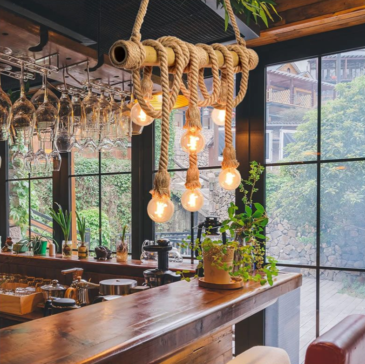 6 Light Bamboo Wood Ceiling Pendant Light
