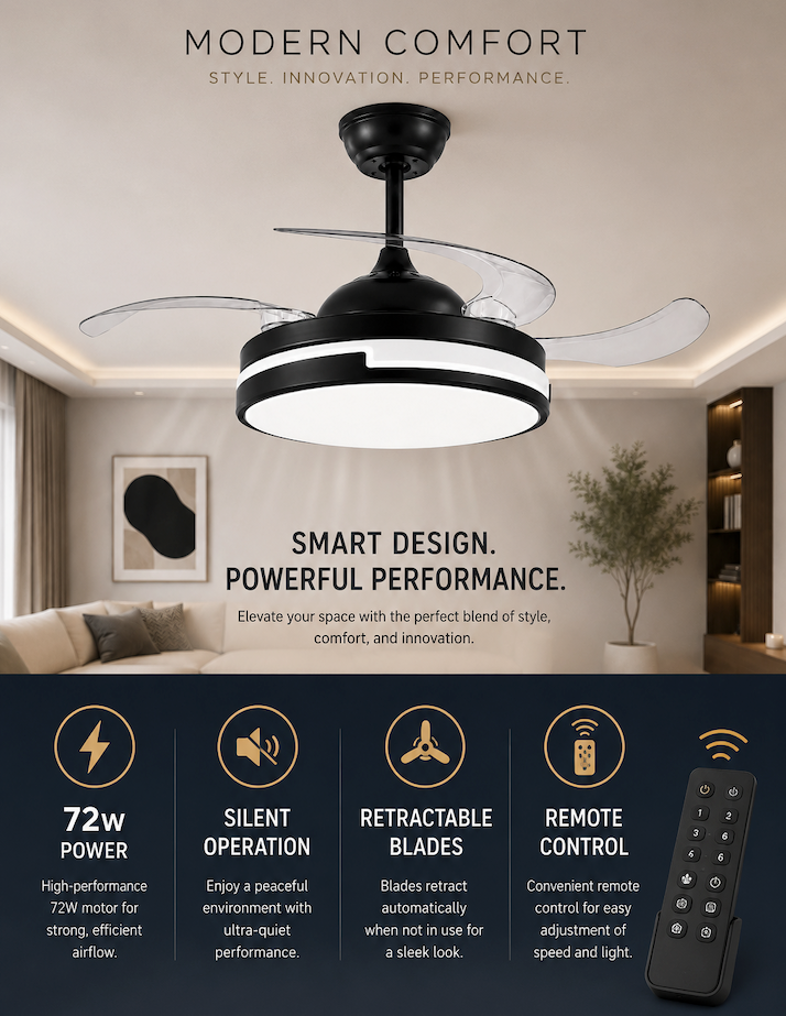 Black & White Retractable Blade Ceiling Fan With Remote