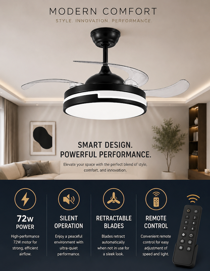 Black & White Retractable Blade Ceiling Fan With Remote