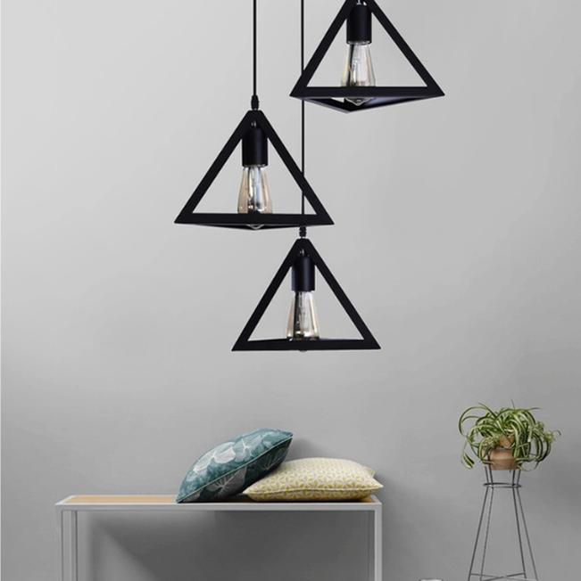 Black Modern Three Hanging Pyramid Pendant Light
