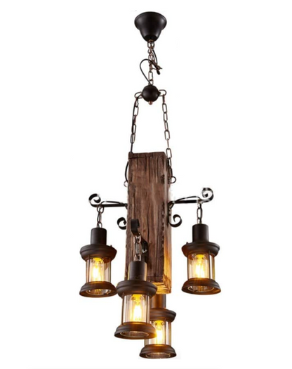 Vintage Wood & Metal Pendant With Four Light Fittings
