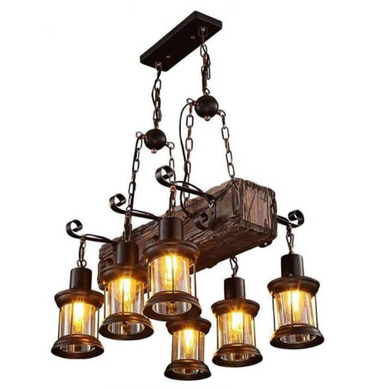 Vintage 6 Lamp Wooden Pendant