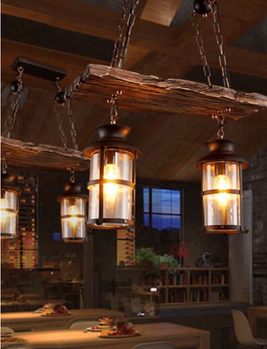 Rustic Wood & Iron 2 Lamp Pendant
