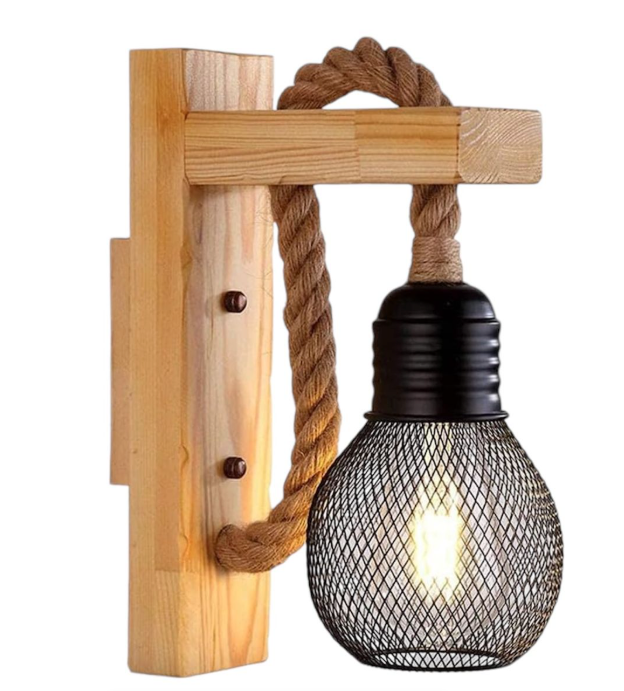 Industrial Style Wooden Wall Light With Hemp Rope