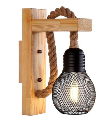 Industrial Style Wooden Wall Light With Hemp Rope