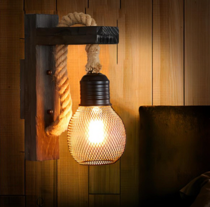 Industrial Style Wooden Wall Light With Hemp Rope