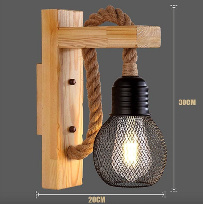 Industrial Style Wooden Wall Light With Hemp Rope