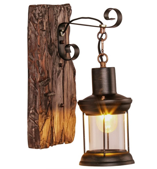 Rustic Wood & Iron Wall Lamp