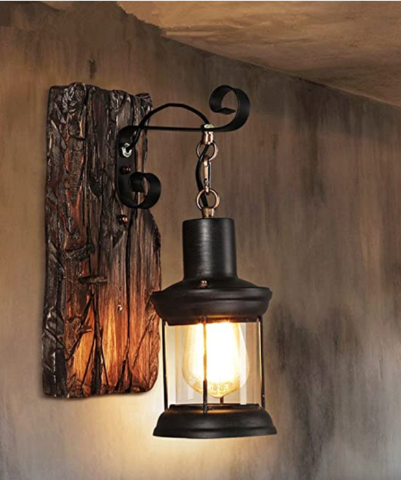 Rustic Wood & Iron Wall Lamp