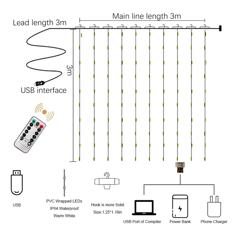 Warm White Christmas Curtain Fairy String Light LED With Remote 3m x 3m
