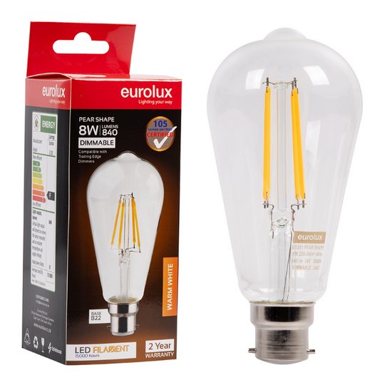 Dimmable LED Warm White Filament 8W B22 Light Bulb