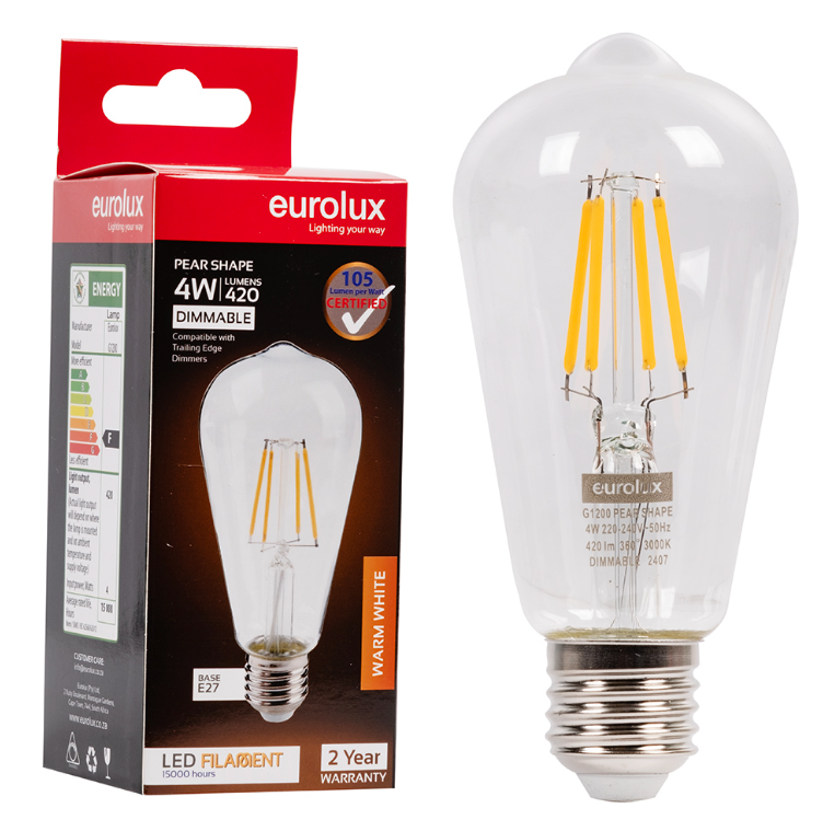 Dimmable Warm White Filament 4W E27 Light Bulb - Pear Shape
