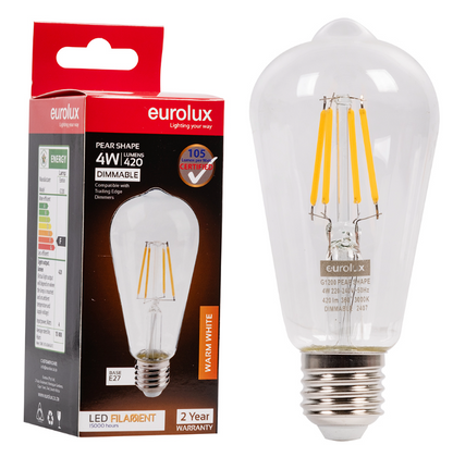Dimmable Warm White Filament 4W E27 Light Bulb - Pear Shape