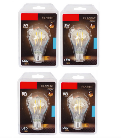 4 Pack Eurolux E27 Light Bulb 8w A60 LED Filament 4000K