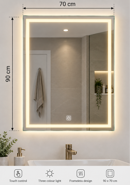 Frameless Smart Touch LED Bathroom Mirror 90cm x 70cm