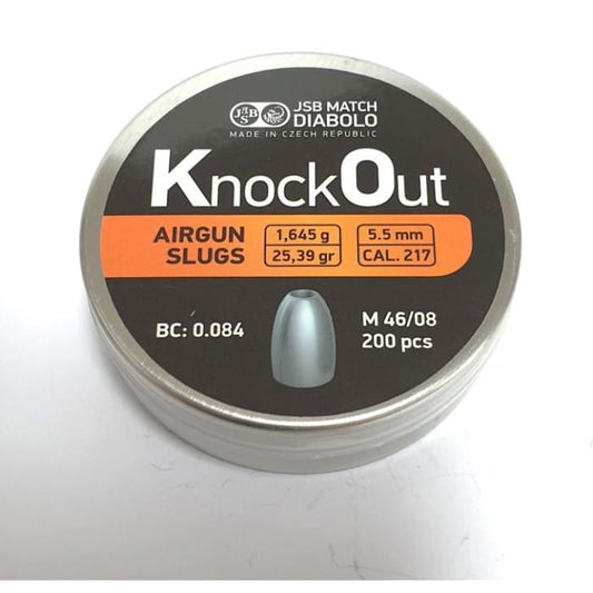 JSB Diabolo Knockout Slugs 5.5mm .217 Cal 25.39 Grain Airgun Pellets, 200 pc